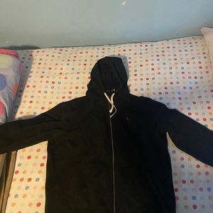 Black polo hoodie with red logo